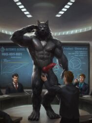 abs animal_genitalia animal_penis anthro areola ball_fondling balls biceps biped bodily_fluids canid canine canine_genitalia canine_penis canis chair clothed clothing container cum cum_in_container digital_media_(artwork) dripping electronics english_text erection feet fingers fondling fur furniture genital_fluids genitals gesture group hair hand_on_balls hi_res holding_container holding_object human human_on_anthro inside interspecies knot laboratory_equipment laboratory_glassware larger_anthro leaking_precum male male/male mammal meeting_room muscular muscular_anthro muscular_male mythological_canine mythological_creature mythology navel necktie nipples nude orcfun pecs penis precum precum_drip precum_string salute scientific_instrument screen sitting size_difference smaller_human standing suit tail teeth test_tube text toes topwear werecanid werecanine werecreature werewolf wolf