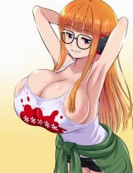 1girls areola_slip armpits arms_behind_head atlus big_breasts biting_lip biting_own_lip breasts brendon bursting_breasts busty cleavage crop_top female female_only glasses half-closed_eyes headphones highres large_breasts legs long_hair looking_at_viewer naughty_face nerdy_female no_bra orange_hair parted_lips persona persona_5 pokemoa pose posing purple_eyes sakura_futaba seductive seductive_look seductive_smile sega sensual sexy sexy_armpits sexy_pose shorts sideboob smile solo source_request teeth thighs voluptuous