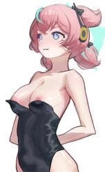 absurdres angels_of_delusion aria_(zenless_zone_zero) arms_behind_back breasts commentary_request female halo headphones highres pink_hair playboy_bunny public_indecency tsumiha_illust wardrobe_malfunction zenless_zone_zero