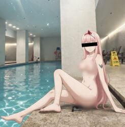 ai_generated blur_censor censor_bar censored censored_eyes medium_breasts naked_female nude pink_hair pool side_view skinny_dipping thin_female
