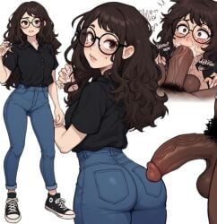 ai_generated ass ass_focus blowjob brown_eyes brown_hair bubble_ass butt_focus buttjob circle_glasses cute_face dark-skinned_male female female_only geek glasses interracial jeans kyokalovesxo light-skinned_female light_skin moles nerd nerdy nerdy_female oral_sex pale-skinned_female petite petite_body petite_female rough_oral round_butt shoulder_length_hair skinny sloppy_blowjob small_breasts tight_clothing tight_jeans young younger_female