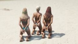 3d 3girls arms_behind_back bikini blonde_hair brown_hair female female_only game_screenshot grand_theft_auto_v kneeling multiple_girls nemesis_of_desire swimsuit