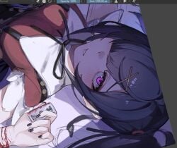 ame-chan_(needy_girl_overdose) art_program_in_frame black_hair black_nails black_ribbon blood blush collar commentary english_commentary female from_above hair_ornament holding_razor_blade looking_at_viewer lying natatheknife neck_ribbon needy_girl_overdose on_back parted_lips purple_eyes razor_blade red_shirt ribbon self-harm shirt short_hair short_sleeves solo unfinished white_collar wrist_cutting x_hair_ornament