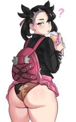 1girls 2022 ? ass ass_focus backpack bag black_hair black_jacket bubble_butt crepe eating female female_only food green_eyes human large_ass looking_at_viewer marnie_(pokemon) nintendo oblivious panties pokemon pokemon_ss short_hair simple_background skirt_lift solo thick_thighs thighs tongue tongue_out twintails wardrobe_malfunction white_background ytrall