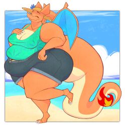 1girls 2021 3_toes 4_fingers absurd_res aimbot-jones anthro ass barefoot bbw belly big_ass big_breasts big_butt bottomwear breasts butt charizard claws closed_eyes clothed clothing cloud countershade_tail countershade_torso countershading deep_navel dragon eyelashes fangs fat fat_arms fat_dragon_female feet female female_only fingers fire hand_on_breast happy hi_res horn jeans membrane_(anatomy) membranous_wings midriff navel nintendo obese obese_anthro obese_dragon obese_female on_one_leg orange_body orange_scales outside overweight overweight_anthro overweight_dragon overweight_female pokémon_(species) pokemon pokemon_(species) sand scales scalie sea shorts sky sleeveless_shirt smile solo standing sun_hat thick_tail thick_thighs toe_claws toes valentina_(aimbot-jones) video_games water wings