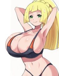 1girls areola_slip armpits arms_behind_head big_breasts blonde_hair breasts brendon bursting_breasts busty cleavage confident covered_nipples erect_nipples_under_clothes female female_only green_eyes highres huge_breasts legs lillie_(pokemon) long_hair looking_at_viewer midriff navel nintendo pink_lips pokemoa pokemon pokemon_sm ponytail pose posing seductive seductive_look seductive_smile sensual sexy sexy_armpits sexy_pose sideboob smile solo source_request sports_bra thighs thong toned voluptuous