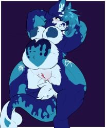 absurd_res anthro areola avoiding_eye_contact bat belly big_breasts blue_areola blue_blush blue_body blue_eyes blue_fur blue_hair blue_markings blue_nipples bluevixenad blush breasts dragon embarrassed female fur genitals hair heart_(marking) hi_res horn hybrid lying mammal markings megabat mythological_creature mythological_scalie mythology nipples on_back overweight overweight_female pink_vulva razzle_dazzle_(bluevixenad) scalie scar snaggle_tooth solo starset_(band) thick_thighs vulva white_belly