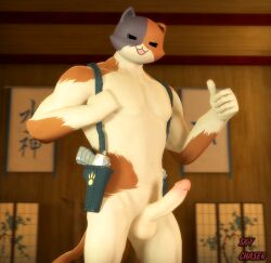 3d 3d_(artwork) anthro balls calico_cat digital_media_(artwork) domestic_cat ears_down epic_games felid feline felis fortnite genitals gesture gun holster male male/male mammal manly meowscles_(fortnite) mottled muscular muscular_anthro muscular_male nude penis piebald pivoted_ears ranged_weapon sky_chaser smile solo source_filmmaker thumbs_up video_games weapon