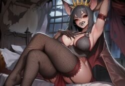 1girls ai_generated animal_ears arm_up armpit bat_ears bat_wings beauty_mark breasts cloth clothed clothing corset crown fangs female fishnet fishnet_legwear fishnet_stockings grey_hair grey_lips horror horror_(theme) large_breasts leather lingerie long_hair looking_at_viewer monster_girl negligee nightgown orabelle_(paigen) orange_eyes original original_character paigen sharp_teeth undead underwear vampire vampire_fangs vampire_girl wings