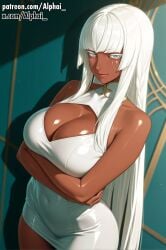 1girls 2025 2026 absurd_res absurdres alphai atlus bangs blunt_cut blush blush_lines bodycon_dress brigitta_lycaon cinematic_lighting cleavage colorful_background crossed_arms dark-skinned_female dark_skin depth_of_field detailed_background detailed_hair detailed_skin dramatic_shadows dynamic_angle face_paint facial_markings full_body grey_eyes high_quality high_resolution highres hime_cut huge_breasts large_breasts large_butt metaphor:_refantazio metaphor_refantazio naughty_face shiny_skin side_view skindentation sleeveless_dress solo straight_hair tan thick_thighs tight_dress tough_expression turtleneck_dress upper_body very_long_hair volumetric_lighting white_dress white_eyelashes white_hair white_markings wide_hips