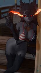 3d abs animal_ears beach bikini_top black_body black_fur black_hair black_sclera blender bottomless breasts canine_humanoid choker female fire_eyes hellhound hellhound_(monster_girl_encyclopedia) looking_at_viewer monster_girl navel pussy red_eyes tail