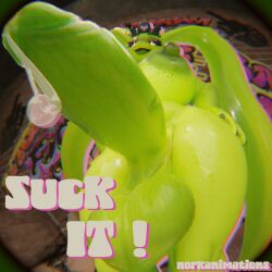 3d_(artwork) anthro big_breasts big_eyes big_penis bodily_fluids breasts crown digital_media_(artwork) freckles genital_fluids genitals green_body headgear herm hi_res intersex long_ears looking_at_viewer norkanimations pasties penis precum slime slime_diva tongue tongue_out