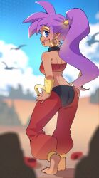 back_view blue_eyes clothed detailed_background ear_piercing elf_ears feet hands_on_hips long_hair looking_at_viewer looking_back pointy_ears ponytail purple_hair shantae shantae:_half-genie_hero shantae_(character) skimpy skimpy_clothes