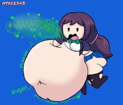 1girls ass ata12345 belly_button big_ass burping digestion_noises edit female female_pred hand_on_belly hyper_belly love_live! ripped_clothing siivagunner small_predator smol_nozomi toujou_nozomi vore vore_belly