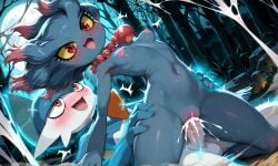 1boy 1girls ai_generated bluish_green_hair breast breast_jiggle cowgirl_position cum_in_pussy cunnilingus dark_blue_hair dark_green_hair female gallade ghost ghost_girl girls haunted_house holding_hips legs_spread misdreavus moonlight multicolored_hair necklace night nintendo nipples orange_eyes penis pink_hair pokemon pokemon_(species) red_eyes red_necklace shiny_gallade shiny_pokemon shiny_skin sparkles spiderweb vaginal_penetration vaginal_sex yellow_sclera