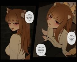 1boy 1girls blunt_bangs blush brown_hair canon_couple comic english_text female female_focus fully_clothed holo imminent_sex kraft_lawrence long_hair male niui red_eyes sitting sitting_on_lap sitting_on_person smile solo_focus spice_and_wolf wolf_ears wolf_girl wolf_tail