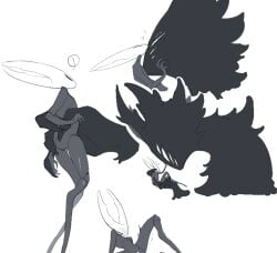 2025 2_horns 8_eyes ambiguous/ambiguous ambiguous_gender anthro black_body bodily_fluids carrying_another chinese_description clawed_hands claws digital_drawing_(artwork) digital_media_(artwork) duo exclamation_point extreme_size_difference gentle_giant holding_another hollow_eyes hollow_knight_(franchise) horn lifting_another long_legs milktea25424633 multi_eye nuzzling pure_vessel_(hollow_knight) shadow_creature simple_background sitting size_difference speech_bubble sweat sweatdrop team_cherry void_(hollow_knight) white_background white_eyes white_face