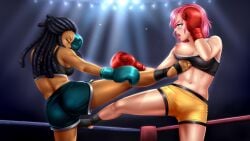 2girls ankle arena ass back backboob bare_midriff barefoot black_hair black_sports_bra blue_eyes blue_shorts boxing_gloves boxing_ring butt catfight closed_eyes dark-skinned_female dark_skin duo_focus dupladeumso fap_ceo female female_only fight fighting fighting_ring human human_only kickboxing kicking light-skinned_female lips midriff multiple_girls nipples nova_(fap_ceo) one_breast_out open_mouth orange_shorts pink_hair red_boxing_gloves red_gloves short_hair sports_bra sports_shorts sportswear tagme teal_boxing_gloves teal_eyes teal_gloves thick_thighs yellow_shorts zoe_(fap_ceo)