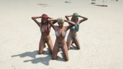 3d 3girls bikini blonde_hair brown_hair female female_only game_screenshot grand_theft_auto_v hands_behind_head kneeling multiple_girls nemesis_of_desire swimsuit white_bikini