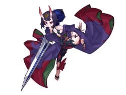 1girls fate/grand_order fate_(series) flat_chest flat_chested horns petite petite_breasts purple_hair shuten_douji_(fate) shuten_douji_(fate/grand_order) simple_background sword white_background wide_hips wide_thighs