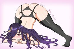 ass eda_(epic7) embarrassed epic7 garter_belt garter_straps hair_ornament jack-o_pose jackochallenge lingerie makslus panties purple_hair thick_thighs