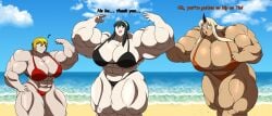 3girls abs bikini black_hair blonde_hair breast_expansion breasts clouds don_quixote_(limbus_company) female female_only flexing flexing_bicep heavypowerfull horn huge_breasts limbus_company monster_musume_no_iru_nichijou multiple_girls muscle_growth muscular muscular_female music_note ogre ogre_girl orange_eyes project_moon red_eyes sand sea seaside six_pack sky spy_x_family tionishia yellow_hair yor_briar yor_forger