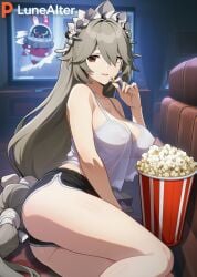 1girls ai_generated alexandrina_sebastiane alternate_costume big_ass big_breasts big_butt big_nipples big_thighs black_shorts eating eating_food female female_focus female_only grey_hair hoyoverse laying_down long_hair looking_at_viewer lunealter mature mature_female mihoyo night pale-skinned_female pale_skin popcorn red_eyes sfw television thick_ass thick_butt thick_legs thick_thighs white_shirt zenless_zone_zero