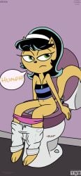 anthro bathroom bottomwear bottomwear_down clothed clothing domestic_cat felid feline felis female green_eyes grunting hi_res kitty_katswell mammal nickelodeon pants pants_down partially_clothed pooping_in_toilet raised_tail scat sitting sitting_on_toilet solo t.u.f.f._puppy tail thedispenser69 toilet toilet_use