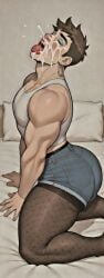 1boy 1femboy ai_assisted ai_generated ass big_ass big_butt brown_hair closed_eyes crop_top crossdressing cum cum_in_mouth cum_on_face earrings fishnet_legwear fishnet_stockings fishnets gay grok jean_shorts kneeling kneeling_on_bed male male_only masculine_crossdresser muscles muscular_femboy oc open_mouth original original_character pink_lips short_hair solo submissive submissive_male teal_eyeshadow tongue_out white_shirt