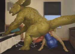 all_fours anal anal_orgasm anal_sex anal_vore animal_genitalia animal_penis anthro anthro_penetrated anthro_pred anus ass balls bed bedroom bodily_fluids closed_eyes cum cum_string cum_while_penetrated cumshot digital_media_(artwork) dildo dildo_in_ass dildo_insertion dinosaur duo ejaculation erection furniture genital_fluids genital_slit genitals hands-free hi_res holding_dildo holding_object holding_sex_toy horn human human_on_anthro human_prey humanoid_genitalia humanoid_penis inside interspecies knot knotted_dildo knotted_penis larger_anthro male male/male male_penetrated mammal nude object_in_ass open_mouth orcfun orgasm orgasm_face partially_inside penetration penis prehistoric_species reptile scalie sex_toy sex_toy_in_ass sex_toy_insertion size_difference slit_penis smaller_human stretched_anus tail vore