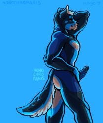 anthro canid canine canis domestic_dog erection genitals hand_behind_head hi_res husky looking_at_viewer male mammal mastiff molosser monochromanis nordic_sled_dog one_ear_up penis presenting presenting_penis rottweiler roy_the_dog solo spitz standing tail