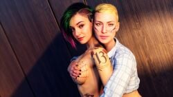 2girls 3d blonde_hair clothed_female_topless_female covering_breasts cyberpunk_2077 female female_only judy_alvarez red-arnage sandra_dorsett tattoo topless topless_female upper_body