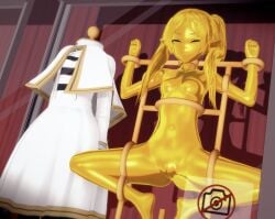 2024 3d 3d_(artwork) asfr behind_glass breasts defeated display displayed elf elf_ears elf_female female female_only frieren frieren_beyond_journey's_end gold_(metal) gold_body grimacing higher_resolution_at_source humiliation koikatsu mannequin metal_transformation naked naked_female petrification pussy solo stationary_restraints twintails