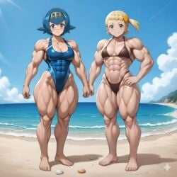 ai_generated alternate_muscle_size barefoot beach_background biceps bikini blonde_hair blue_eyes blue_hair bonnie_(pokemon) broad_shoulders cleavage eight_pack groin highleg_bikini highleg_swimsuit lana_(pokemon) medium_breasts muscles muscular_arms muscular_female muscular_legs muscular_thighs one-piece_swimsuit pokemon_sm_(anime) pokemon_xy_(anime) short_hair six_pack thick_thighs wide_hips zakvar
