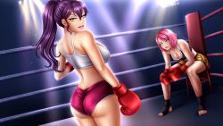 2girls alexis_(fap_ceo) arena ass back backboob bare_legs bare_midriff bare_shoulders barefoot black_sports_bra booty_shorts boxing boxing_gloves boxing_ring breasts butt cleavage duo dupladeumso fap_ceo female female_only fighting_ring gloves human human_only light-skinned_female light_skin lips lipstick long_hair looking_at_viewer looking_back looking_back_at_viewer looking_over_shoulder midriff nails nova_(fap_ceo) pink_hair pink_lipstick ponytail purple_hair red_boxing_gloves red_gloves short_hair shorts sitting sports_bra sportswear standing stool sweat sweatdrop tagme teal_eyes thick_thighs tied_hair tight_clothing toes white_sports_bra wide_hips yellow_eyes