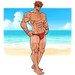 bara beach bulge daredevil daredevil_(marvel_rivals) gay male male_only marvel marvel_rivals muscular muscular_male red_hair rocckart solo speedo summer tanline