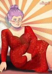 belly_bulge belly_play big_belly chubby_female fairy fairy_godmother_(shrek) gilf glasses red_dress shrek_(series)