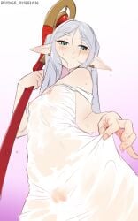 :/ absurdres breasts clothes_tug covered_nipples covered_pussy dress elf female frieren green_eyes grey_hair highres looking_down mage_staff petite pointy_ears protected_link pudgeruffian see-through_clothes small_breasts solo sousou_no_frieren staff twintails wet wet_clothes white_dress