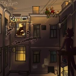 2025 anal anthro apartment_building asinus balcony bodily_fluids brown_body brown_fur bulge canid canine canis clothed clothing detailed_bulge doggy_style donkey english_text equid equine felid footwear from_behind_position fur genital_fluids green_clothing green_footwear green_shirt green_shoes green_topwear group hair heart_symbol hi_res hoodie leaking_precum male male/male mammal moan nikitayarrow pantherine precum purple_clothing purple_footwear purple_shoes red_clothing red_hoodie red_topwear red_underwear sex shadow shirt shoes slim slim_anthro slim_male tenting text tied_hair tiger tongue tongue_out topwear underwear underwear_only window wolf yellow_body yellow_fur