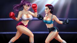 2girls alexis_(fap_ceo) arena bare_midriff bare_shoulders big_breasts black_boxing_gloves black_gloves black_hair black_shorts blue_sports_bra boxing boxing_gloves boxing_ring breasts catfight cleavage duo dupladeumso ear_piercing earrings fap_ceo female female_only fight fighting fighting_ring hair_between_eyes human human_only judy_(fap_ceo) light-skinned_female light_skin lipstick lipstick_mark long_hair midriff multiple_girls open_mouth pink_eyes pink_lipstick pink_shorts ponytail purple_eyes purple_hair red_boxing_gloves red_gloves red_hair shiny_hair short_hair shorts socks sports_bra sports_shorts sportswear tagme thick_thighs tied_hair upper_teeth white_sports_bra wide_hips yellow_eyes