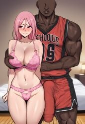 1boy ai_generated basketball_uniform bed blush bra breasts bulge cameltoe cleavage closed_mouth collarbone cuckold dark-skinned_male dark_skin erection erection_under_clothes faceless faceless_male female grabbing grabbing_another's_breast indoors interracial large_breasts long_hair looking_to_the_side momoi_satsuki muscular muscular_male navel netorare panties pink_bra pink_eyes pink_hair pink_panties red_shirt red_shorts shorts smile sportswear standing straight thighs underwear veins zeulzin