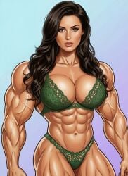 abdominals abigail_ratchford ai_assisted belly biceps big_breasts big_muscles bra bra_and_panties brown_hair gradient_background green_lingerie huge_boobs huge_breasts huge_muscles instagram_model lace lace_bra lace_panties large_boobs large_breasts large_muscles large_tits lingerie long_hair looking_at_viewer muscle_mommy muscles muscular muscular_female muscular_thighs panties thicc vascular vascular_arms wavy_hair