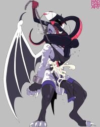 anthro arthropod balls big_balls big_breasts big_penis biped black_body black_bottomwear black_bra black_clothing black_exoskeleton black_fingerless_gloves black_gloves black_handwear black_legwear black_loincloth black_stockings black_underwear bodily_fluids bottomwear bra breast_play breasts chain_leash chains church_(tasla_venhyle) clothing cum cum_on_belly cum_on_body digitigrade dragon duo erection erection_under_bottomwear erection_under_loincloth excessive_cum excessive_genital_fluids exoskeleton fan_character fingerless_gloves genital_fluids genitals gloves grey_background gynomorph gynomorph_on_bottom hands_behind_back handwear hollow_knight_(franchise) huge_cock insects intersex intersex/male intersex_on_bottom leash leash_pull legwear loincloth male male_on_top membrane_(anatomy) membranous_wings mythological_creature mythological_scalie mythology nonbinary_(lore) on_bottom on_top open_mouth penis precum_through_bottomwear purple_body raddanart reverse_titfuck riven_(tasla_venhyle) saliva scalie sex simple_background size_difference small_dom_big_sub standing stockings tail team_cherry titjob tongue tongue_out trans_(lore) trans_woman_(lore) underwear wings