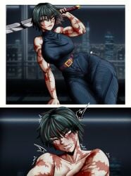 annoyed annoyed_expression big_breasts bikini blush green_hair jujutsu_kaisen maki_zenin male/female male_penetrating male_penetrating_female penetration_from_behind short_hair tagme yaki_chun yellow_eyes yuta_okkotsu zenin_maki