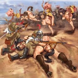 6+girls absurdres anal_tail animal_ears animal_print arms_behind_back battle bit_gag black_hair black_skin bound bound_arms bow_(weapon) breasts cat_ears cat_girl cat_tail colored_skin commentary_request commission dark-skinned_female dark_elf dark_skin death dress elf fake_tail firing gag gagged green_pants gun hat hat_feather highres huge_breasts large_breasts leopard_print military_hat multiple_girls nipple_piercing nipple_rings nipples no_panties original outdoors pants piercing pink_hair pixiv_commission pointy_ears pony_play pussy red_eyes rifle ring_piercing running saddle slave soldier tail taking_cover tattoo vorpal_cotton war weapon yellow_dress