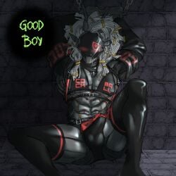 bulge, bulge_through_clothing cable_hair circuit_the_robot hair latex legs_spread long_hair muscle nude nude_male red_eye robot robot_penis white_hair