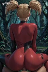 1boy 1boy1girl 1girls ai_generated anus artist_name ass batman:_arkham_knight batman_(series) black_bodysuit blonde_hair bodysuit clothed_female_nude_male cowgirl_position dc dc_comics facing_away female forest from_behind harley_quinn harley_quinn_(classic) hi_res injustice_2 latex mask nature outdoors patreon_username penis pov pov_crotch pussy r34arts red_bodysuit reverse_cowgirl_position sex sex_from_behind short_twintails solo_focus straddling straight torn_bodysuit torn_clothes tree twintails uncensored vaginal_penetration vaginal_sex