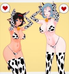 2girls bell bell_collar big_breasts black_hair blue_eyes blue_hair breasts breasts_out chiebukuro_setsuka cow_ears cow_print cow_print_bikini danganronpa_another fanganronpa hair_ornament hatano_ayame heart koikatsu large_breasts one_eye_closed purple_eyes super_danganronpa_another_2 tanned tanned_female tanned_skin voluptuous voluptuous_breasts yellow_background
