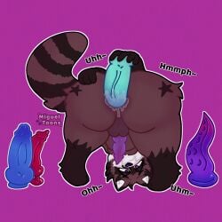 anal anal_fluids anal_masturbation anal_sex animal_genitalia animal_penis anthro ass big_butt bodily_fluids brown_body brown_fur cum cum_in_ass cum_inside dildo femboy fur genital_fluids genitals hi_res knot male mammal masturbation migueltoons mimi_raccoon penetration penis procyonid raccoon raccoon_penis raccoon_tail satisfied sex_toy shortstack solo tentacle thick_thighs