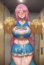 ai_generated blue_skirt blush breasts cheerleader clothes_writing crop_top cuckold cum cum_on_body cum_on_breasts cum_on_clothes female hair_between_eyes holding holding_pom_poms huge_breasts indoors large_breasts locker long_hair looking_at_viewer messy_hair midriff miniskirt momoi_satsuki navel netorare pink_eyes pink_hair pleated_skirt pom_pom_\\\\(cheerleading\\\\) skirt smile solo standing sweat tongue tongue_out zeulzin